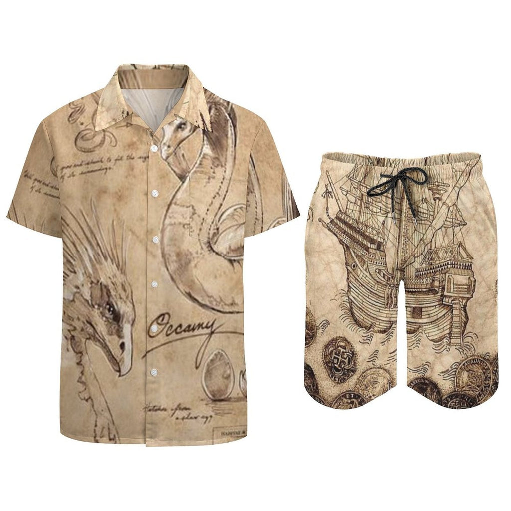 Men's Hawaiian Print Beach Two-Piece Suit 2305102348