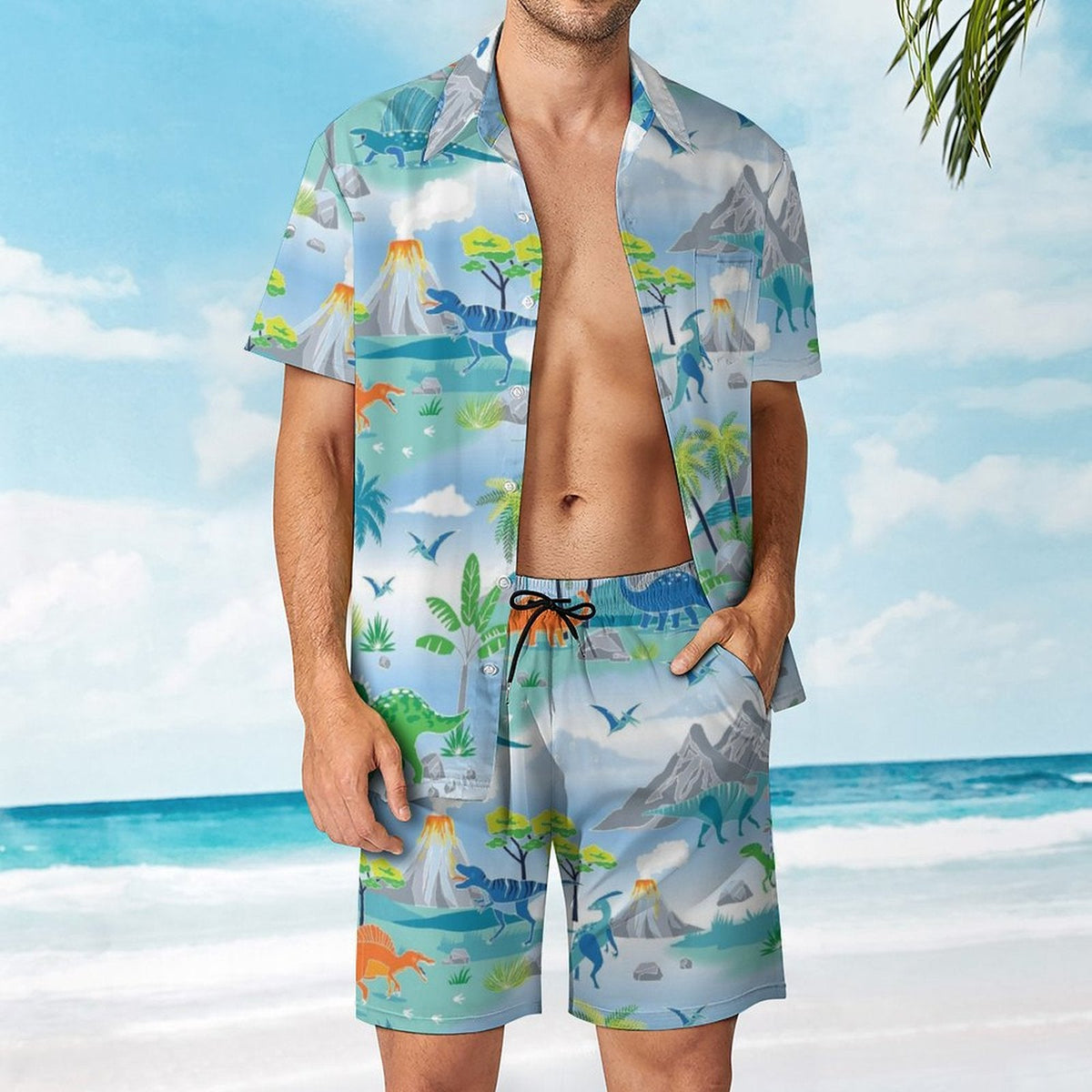 Men's Hawaiian Print Beach Two-Piece Suit 2305102344