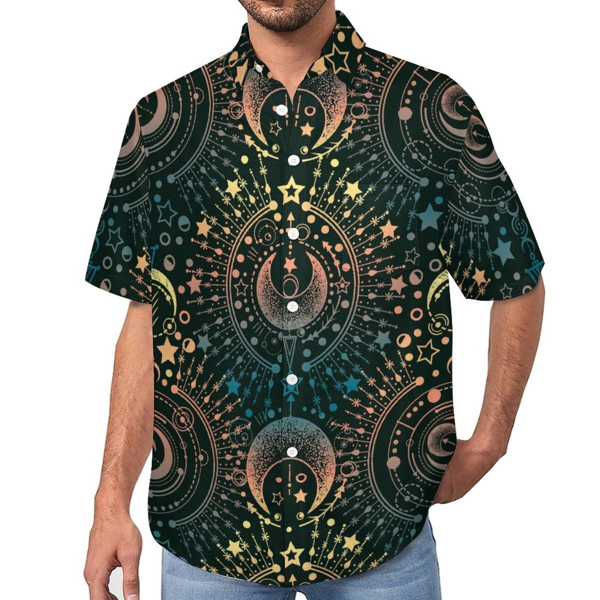 Men's Star And Moon Print Vacation Hawaiian Shirt 2306104044