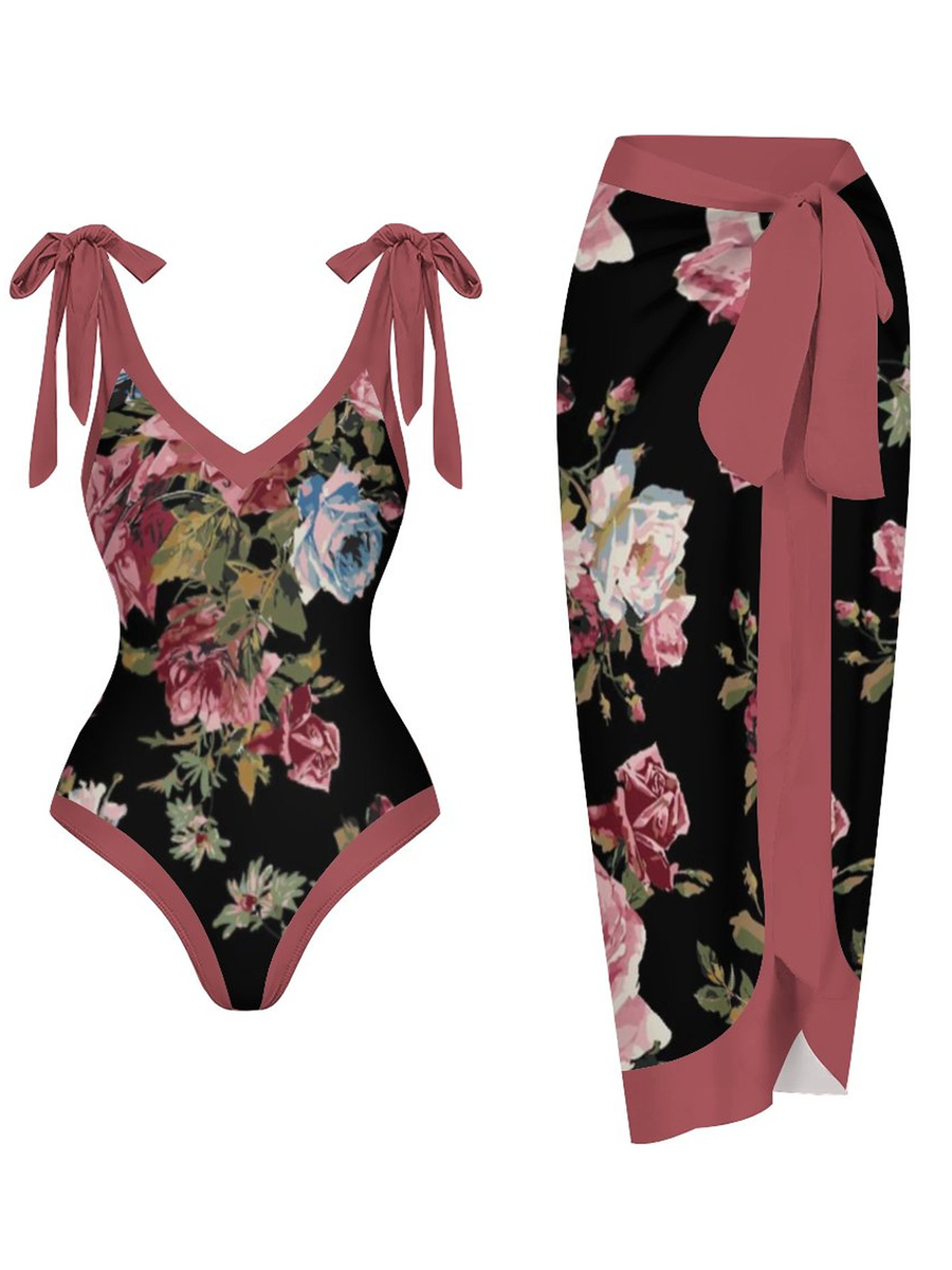 Casual Printed One Piece Swimsuit And Cover Up 2305105009