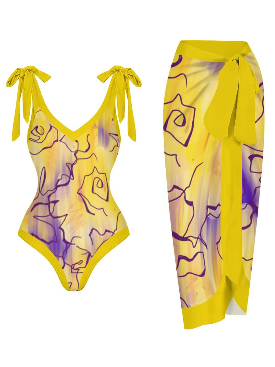 Casual Printed One Piece Swimsuit And Cover Up 2305106623